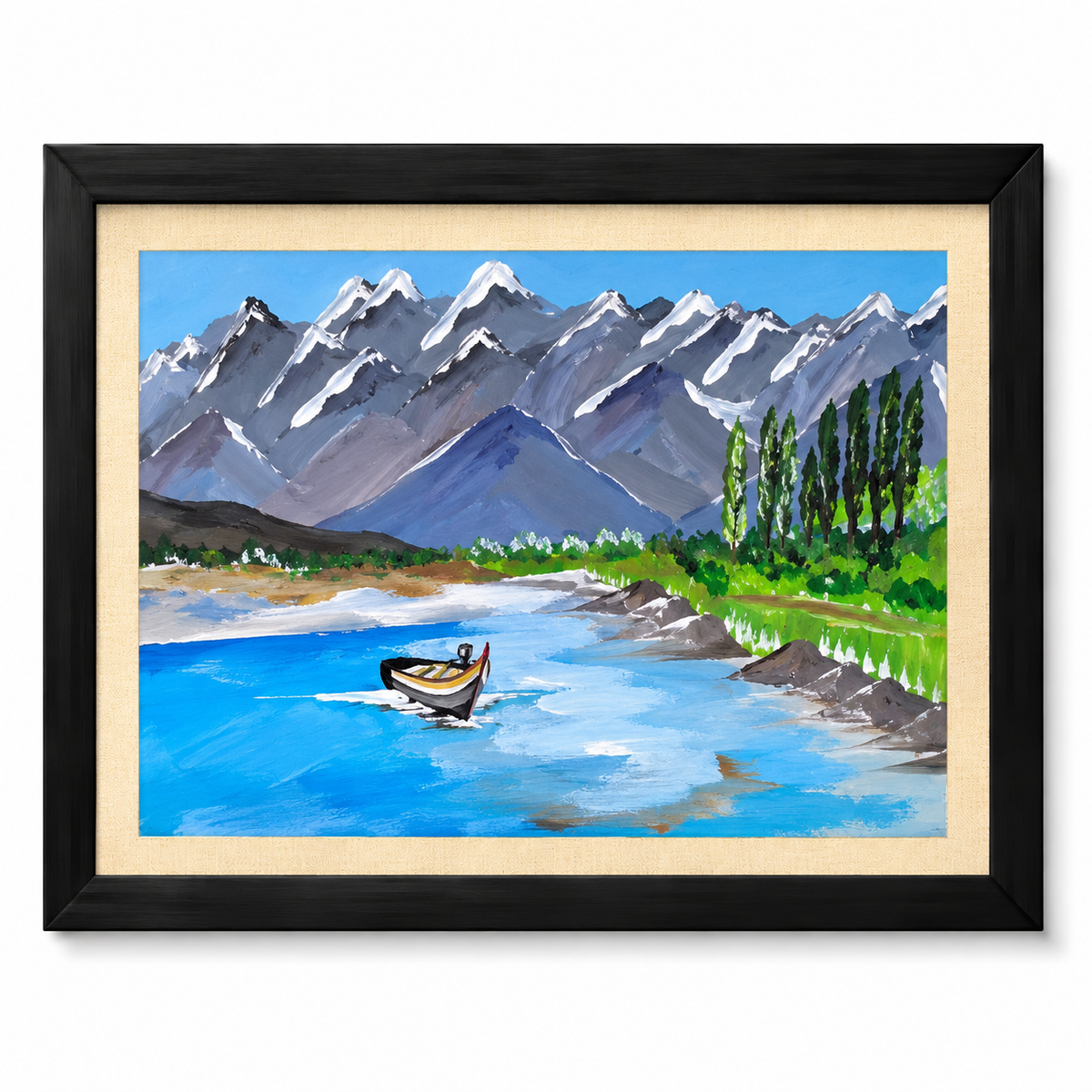 Original Hand-Painted Mountain River Landscape Painting with Black Frame – A3 Wall Art