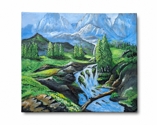 "Hidden Mountain Falls" Original Mountain Landscape Painting-Primed and Varnished-18*24''-Oil on Canvas – Waterfall & Pine Trees Artwork