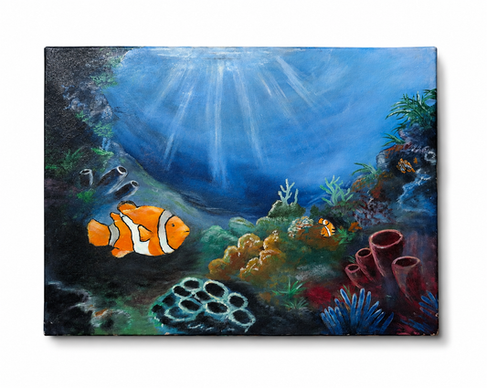 "Colors of the Sea" Original Underwater Coral Reef Painting-18*24''-Oil on Canvas –Primed and Varnished- Clownfish Ocean Wall Art | Hand Painted Marine Artwork