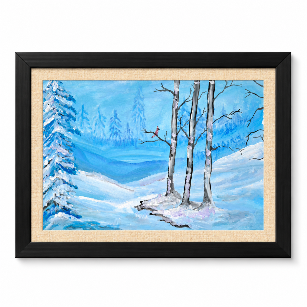 Original Hand-Painted Winter Landscape Acrylic Painting – Snowy Forest with Red Bird | A3 Framed Wall Art