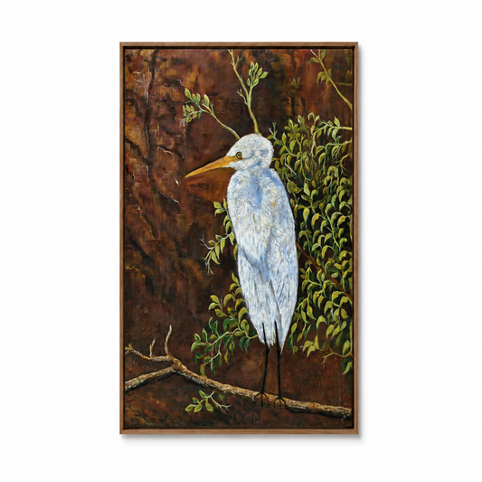 "The Silent Bird" Original Handmade -24*18''-Oil on Canvas –Primed and Varnished | White Heron & Nature Wall Art