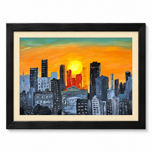 Original Hand-Painted City Skyline Sunset Painting with Black Frame – A3 Urban Wall Art