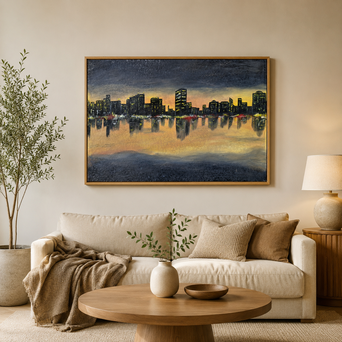 "Urban Sunset" Original City Skyline Sunset Painting- 18*24 oil on Canvas-Primed and Varnished – Textured Urban Landscape Wall Art