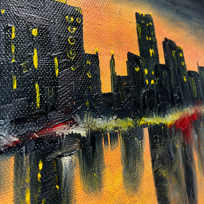 "Urban Sunset" Original City Skyline Sunset Painting- 18*24 oil on Canvas-Primed and Varnished – Textured Urban Landscape Wall Art