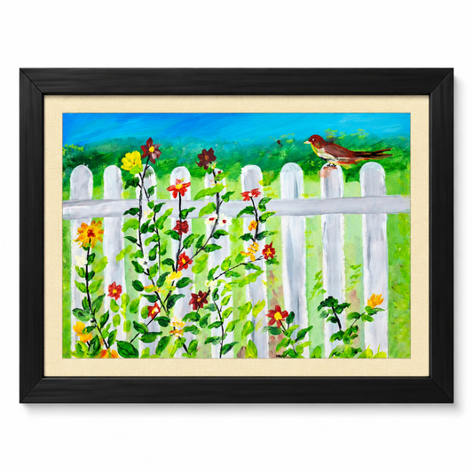 Original Hand-Painted Flower Garden Painting with Bird – Framed Floral Nature Wall Art, A3 Landscape