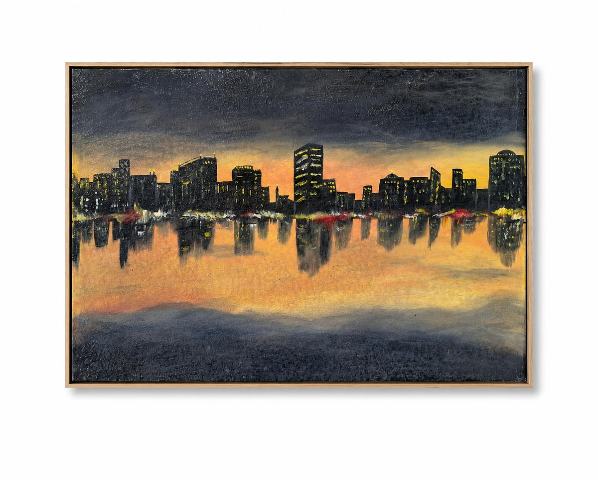 "Urban Sunset" Original City Skyline Sunset Painting- 18*24 oil on Canvas-Primed and Varnished – Textured Urban Landscape Wall Art