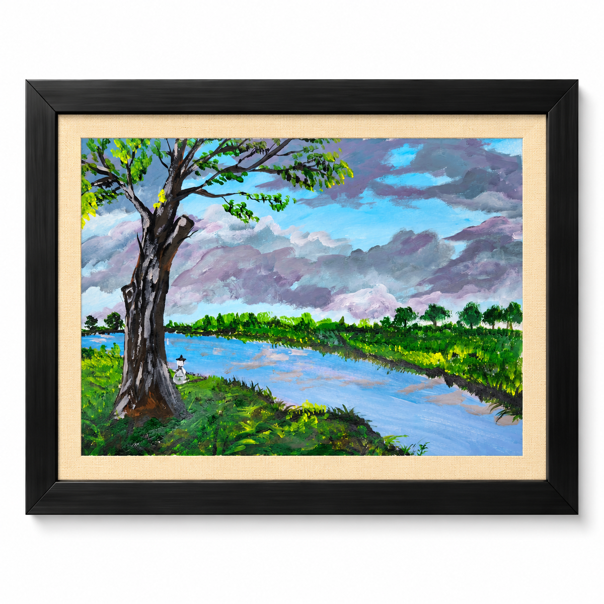 Original Hand-Painted River Landscape Painting with Tree – Framed Nature Wall Art, A3 Acrylic Painting