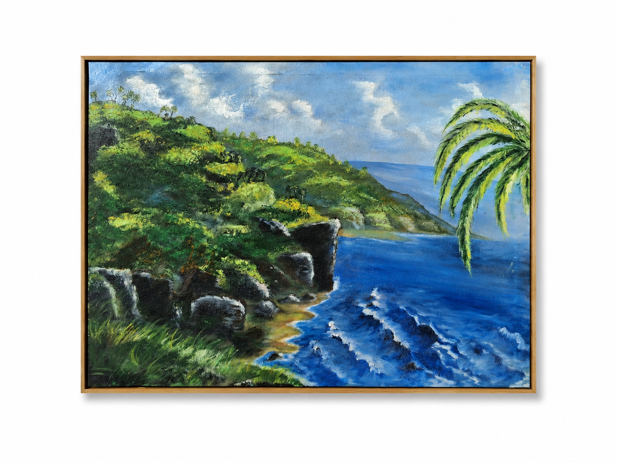 "Cliffs of Serenity" Original Coastal Landscape Painting-Primed and Varnished-18*24''-Oil on Canvas – Ocean Seascape Wall Art with Palm Tree & Cliffs