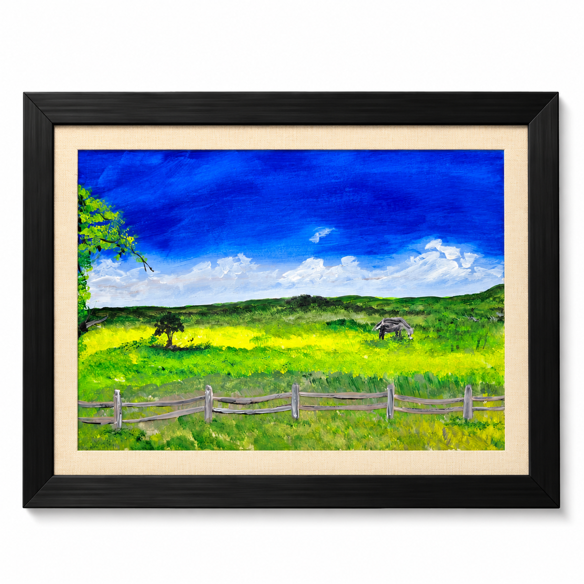 Original Countryside Landscape Painting – Green Meadow & Blue Sky Wall Art in Black Frame