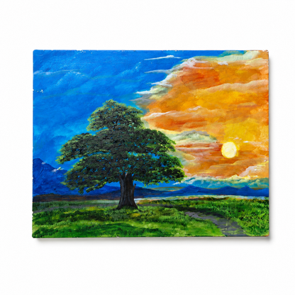 "Sunset Harmony" Original Sunset Tree Landscape -18*24''-Primed and Varnished-Oil on Canvas – Handmade Nature Wall Art, Countryside Artwork, One-of-a-Kind Canvas Painting