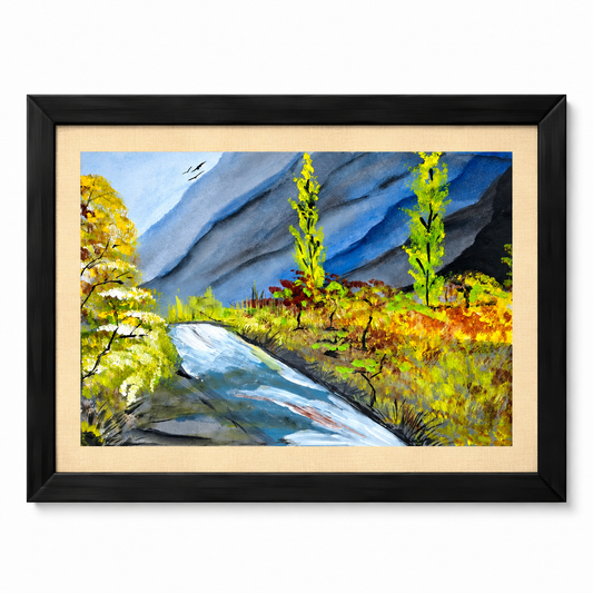 Original Mountain River Landscape Painting – Framed Nature Wall Art with Autumn Colors