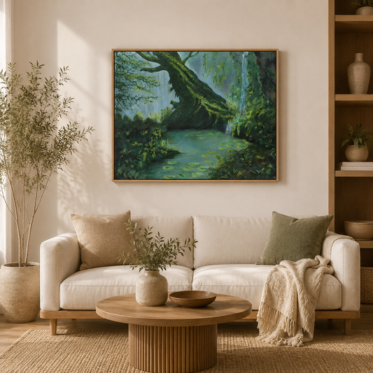 Original Forest Landscape Painting –18*24''-Oil on Canvas-Primed and Varnished– Waterfall Pond & Nature Wall Art