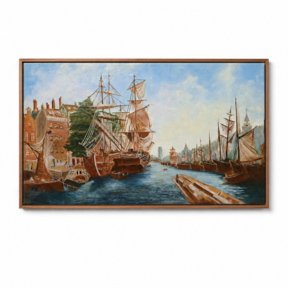 "The Golden Harbor" Original Handmade Harbor Oil Painting-Primed and Varnished| Sailing Ship & Coastal Wall Art