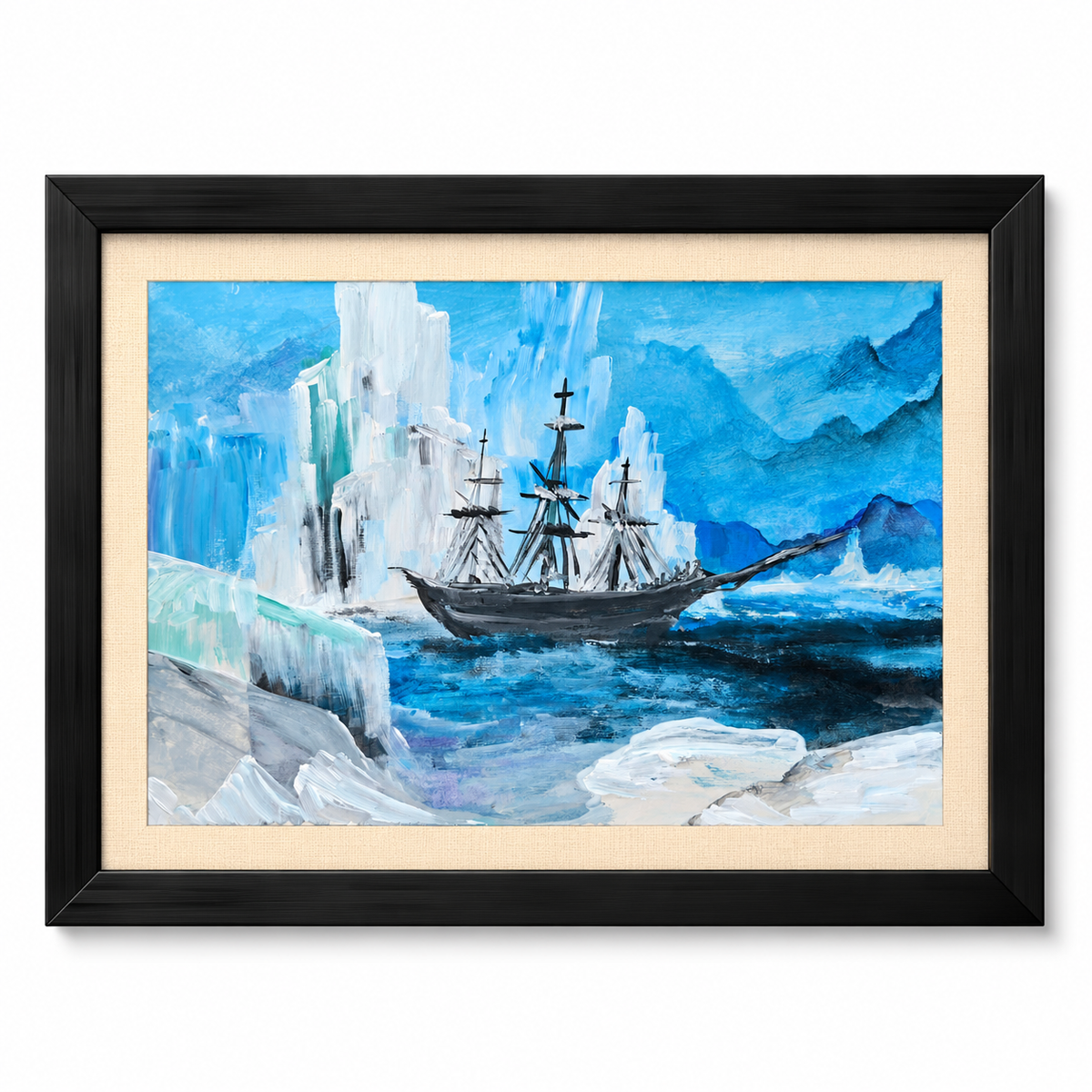 Framed Arctic Ship Painting – Snowy Iceberg Seascape Wall Art, Blue Ocean Landscape Artwork for Living Room & Office Decor