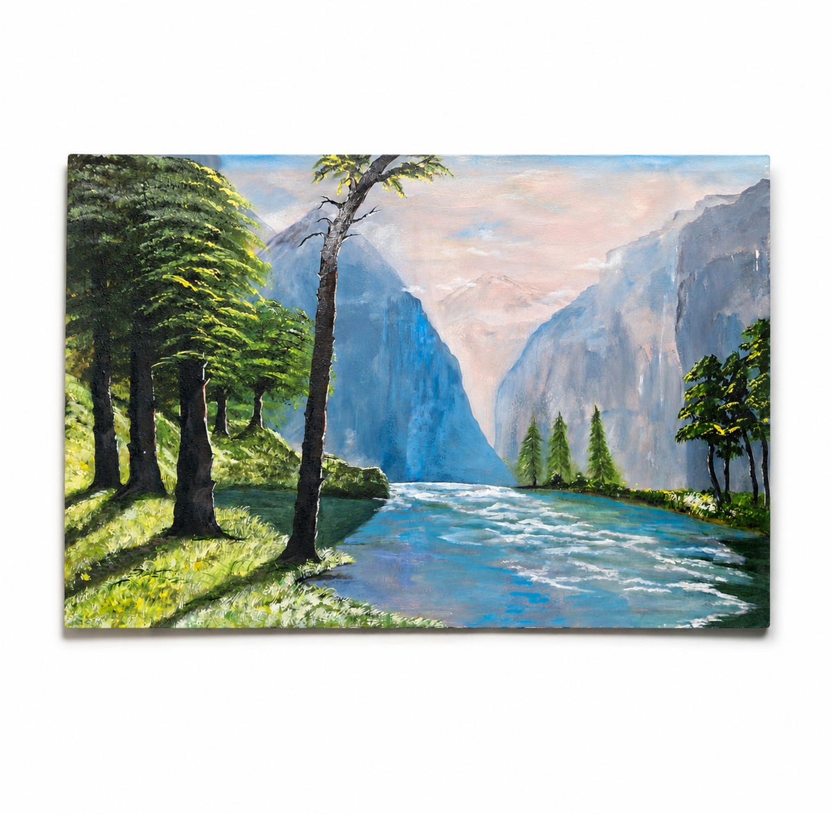 Original Mountain Landscape -24*36''-Acrylics on Canvas –Primed and Varnished – River & Forest Nature Wall Art