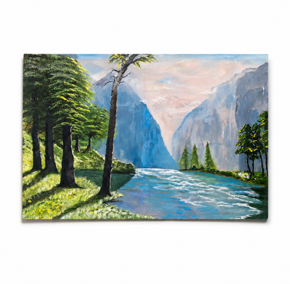 Original Mountain Landscape -24*36''-Acrylics on Canvas –Primed and Varnished – River & Forest Nature Wall Art