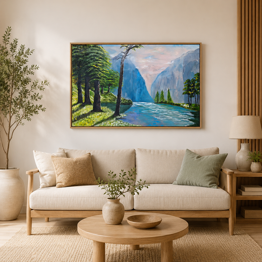 Original Mountain Landscape -24*36''-Acrylics on Canvas –Primed and Varnished – River & Forest Nature Wall Art