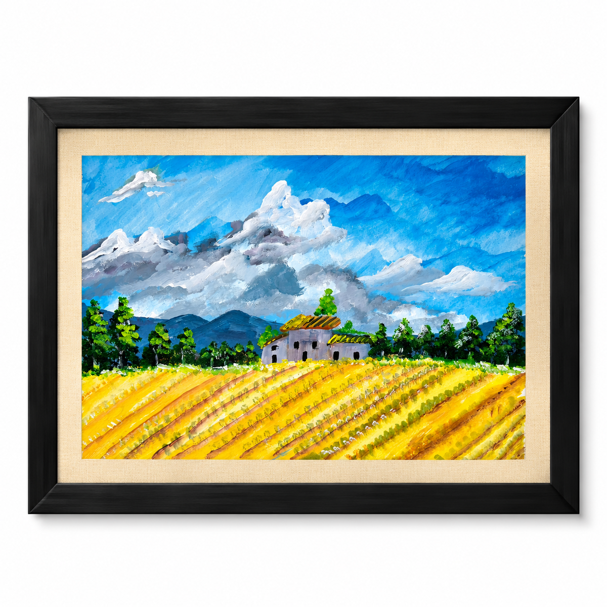 Original Hand-Painted Acrylic Landscape Painting – Golden Fields, Mountain & Cottage | Black Framed Wall Art A3