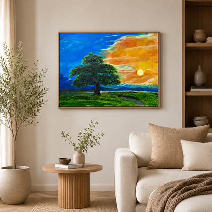 "Sunset Harmony" Original Sunset Tree Landscape -18*24''-Primed and Varnished-Oil on Canvas – Handmade Nature Wall Art, Countryside Artwork, One-of-a-Kind Canvas Painting