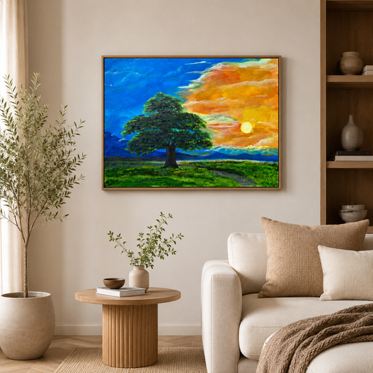 "Sunset Harmony" Original Sunset Tree Landscape -18*24''-Primed and Varnished-Oil on Canvas – Handmade Nature Wall Art, Countryside Artwork, One-of-a-Kind Canvas Painting