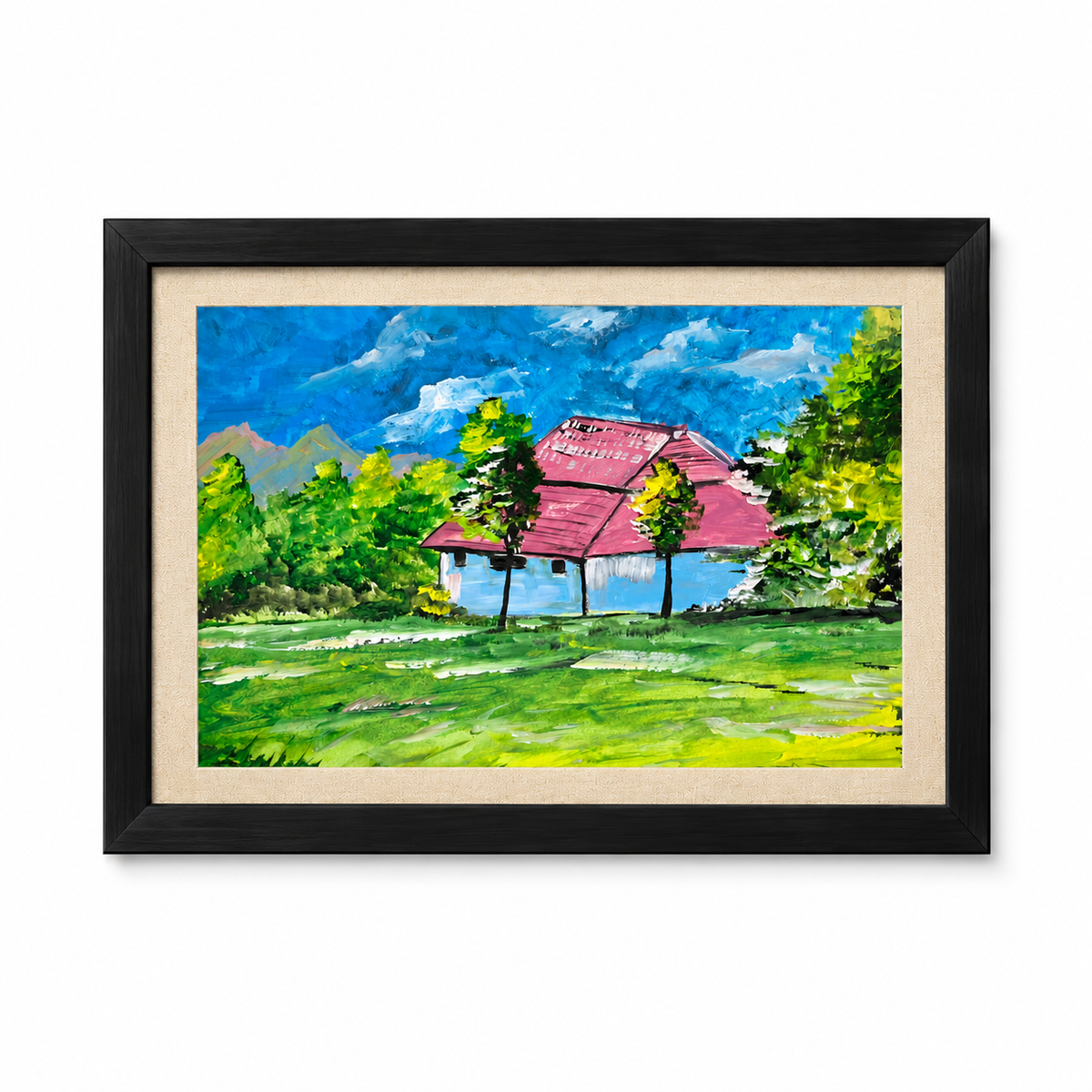 Original Hand-Painted Cottage Landscape Painting with Black Frame – A3 Nature Wall Art