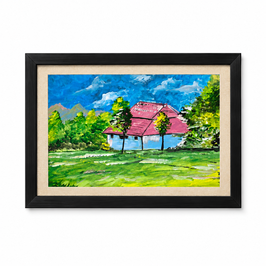 Original Hand-Painted Cottage Landscape Painting with Black Frame – A3 Nature Wall Art