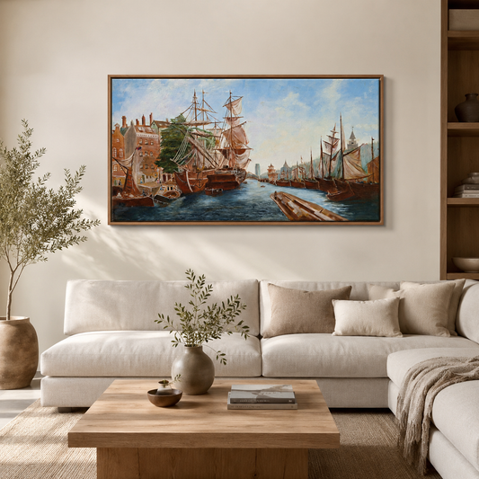 "The Golden Harbor" Original Handmade Harbor Oil Painting-Primed and Varnished| Sailing Ship & Coastal Wall Art