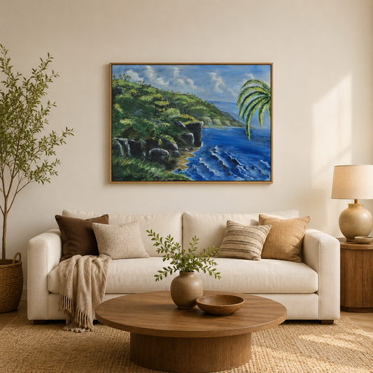 "Cliffs of Serenity" Original Coastal Landscape Painting-Primed and Varnished-18*24''-Oil on Canvas – Ocean Seascape Wall Art with Palm Tree & Cliffs