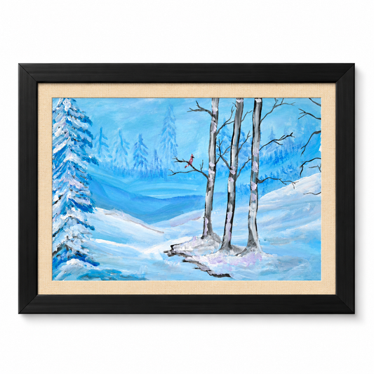 Original Hand-Painted Winter Landscape Acrylic Painting – Snowy Forest with Red Bird | A3 Framed Wall Art