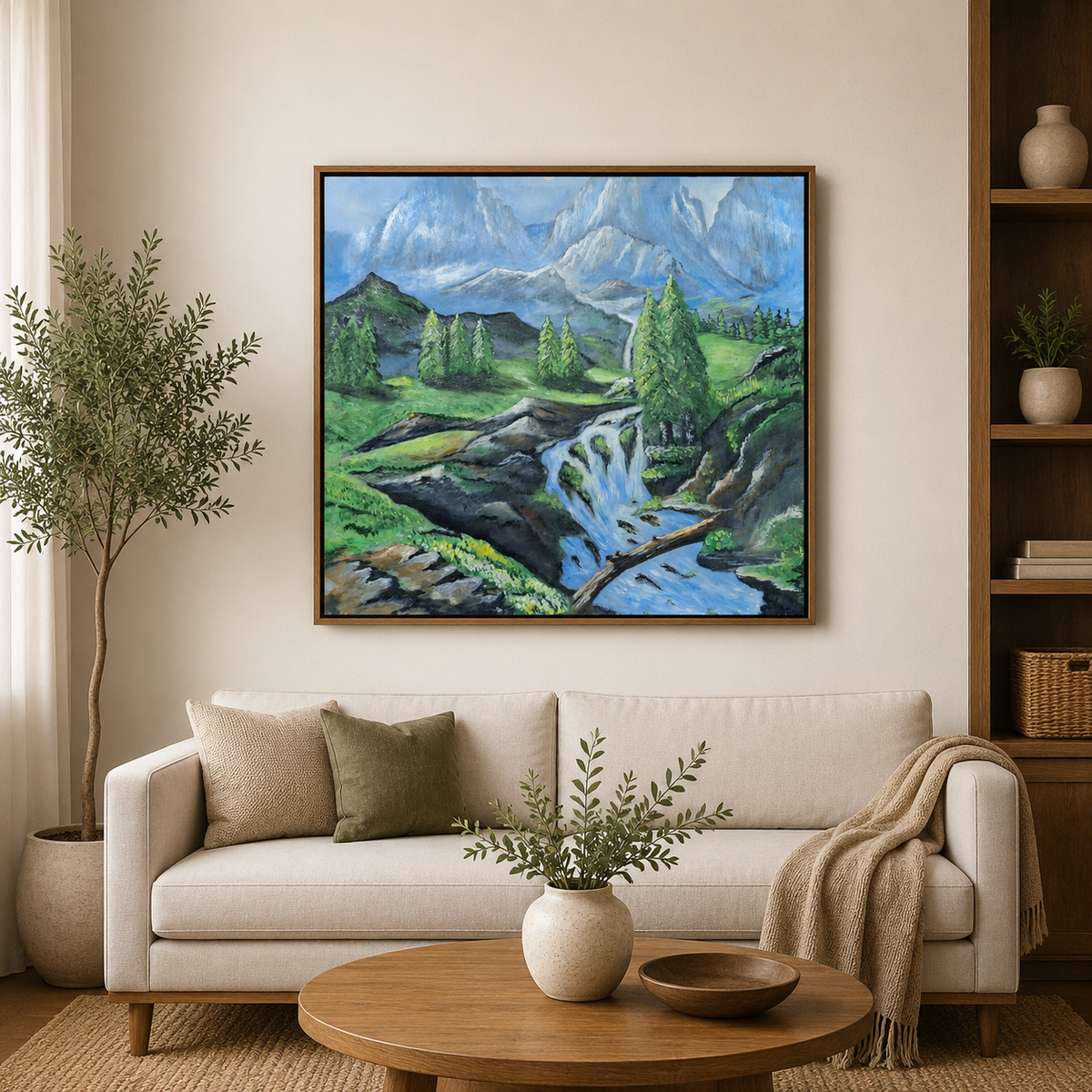 "Hidden Mountain Falls" Original Mountain Landscape Painting-Primed and Varnished-18*24''-Oil on Canvas – Waterfall & Pine Trees Artwork