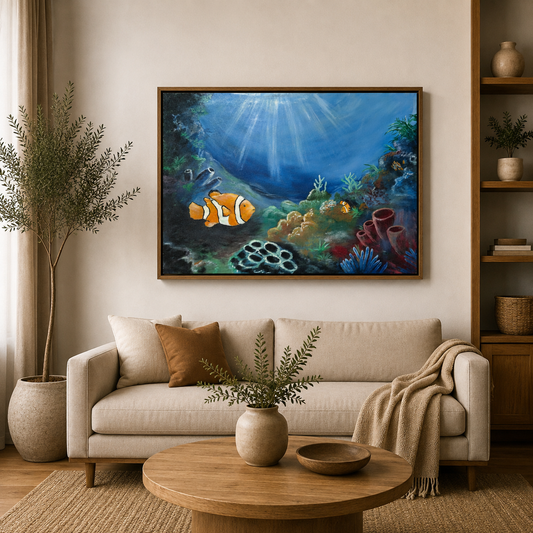 "Colors of the Sea" Original Underwater Coral Reef Painting-18*24''-Oil on Canvas –Primed and Varnished- Clownfish Ocean Wall Art | Hand Painted Marine Artwork