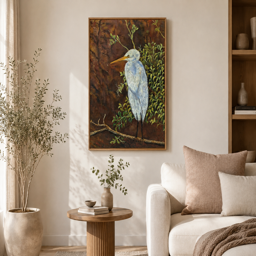 "The Silent Bird" Original Handmade -24*18''-Oil on Canvas –Primed and Varnished | White Heron & Nature Wall Art