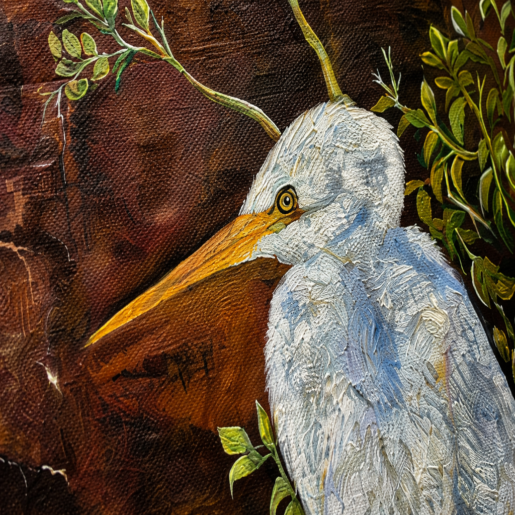 "The Silent Bird" Original Handmade -24*18''-Oil on Canvas –Primed and Varnished | White Heron & Nature Wall Art