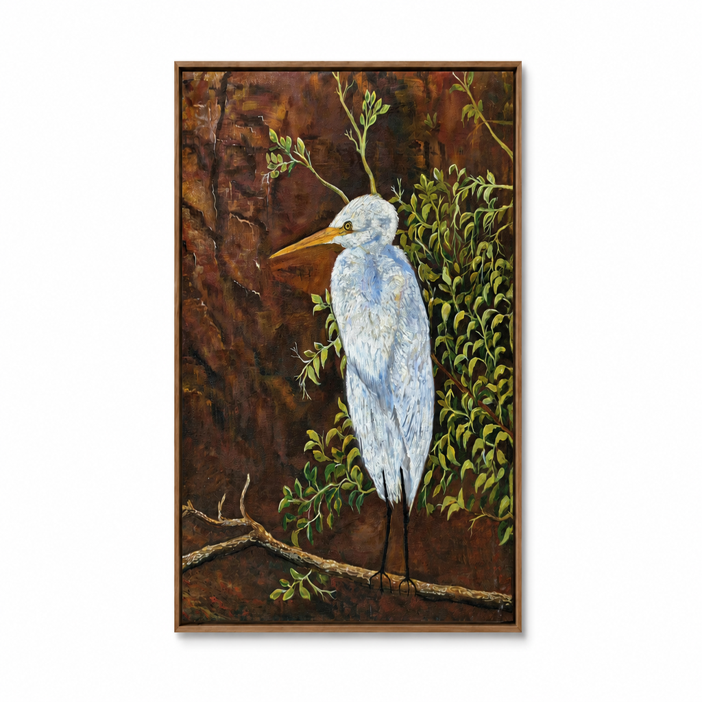 "The Silent Bird" Original Handmade -24*18''-Oil on Canvas –Primed and Varnished | White Heron & Nature Wall Art